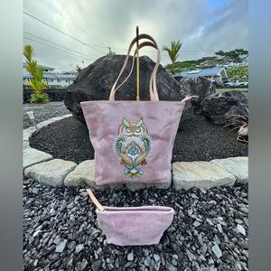Sharif 1827 Pink Embossed Leather Owl Tote + Matching Pouch